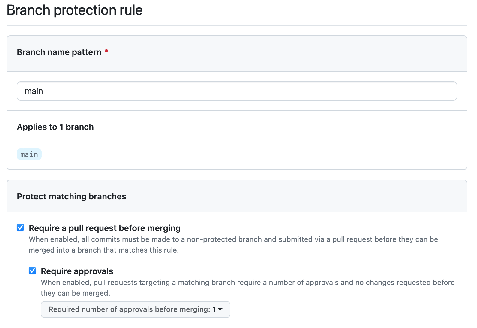 Screenshot of GitHub showing that the 'Require PR' and 'Require approvals' branch protection settings have been turned on for the 'main' branch