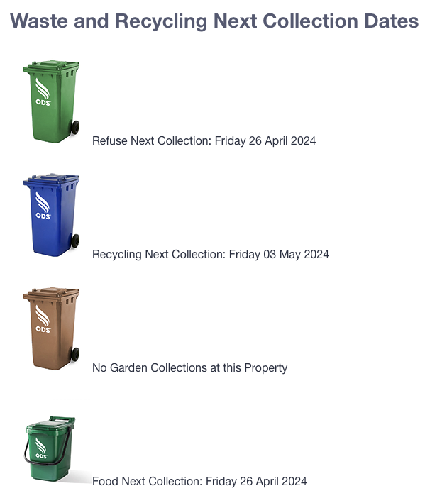 Screenshot of a website showing bin collection dates. The text is small, there is no particular order to the data