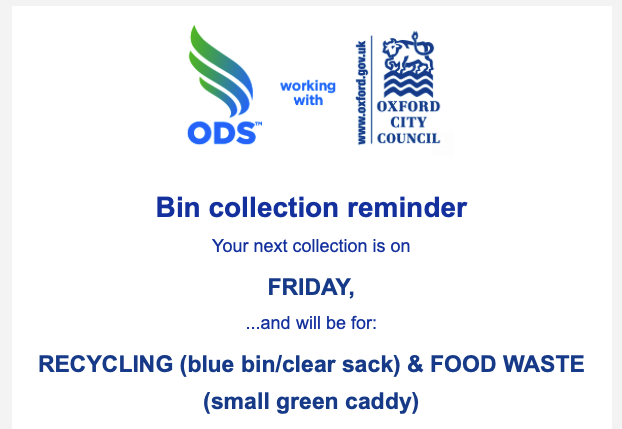 Cropped screenshot of an email showing the next bin collection. It only shows the relevant information and is quite readable