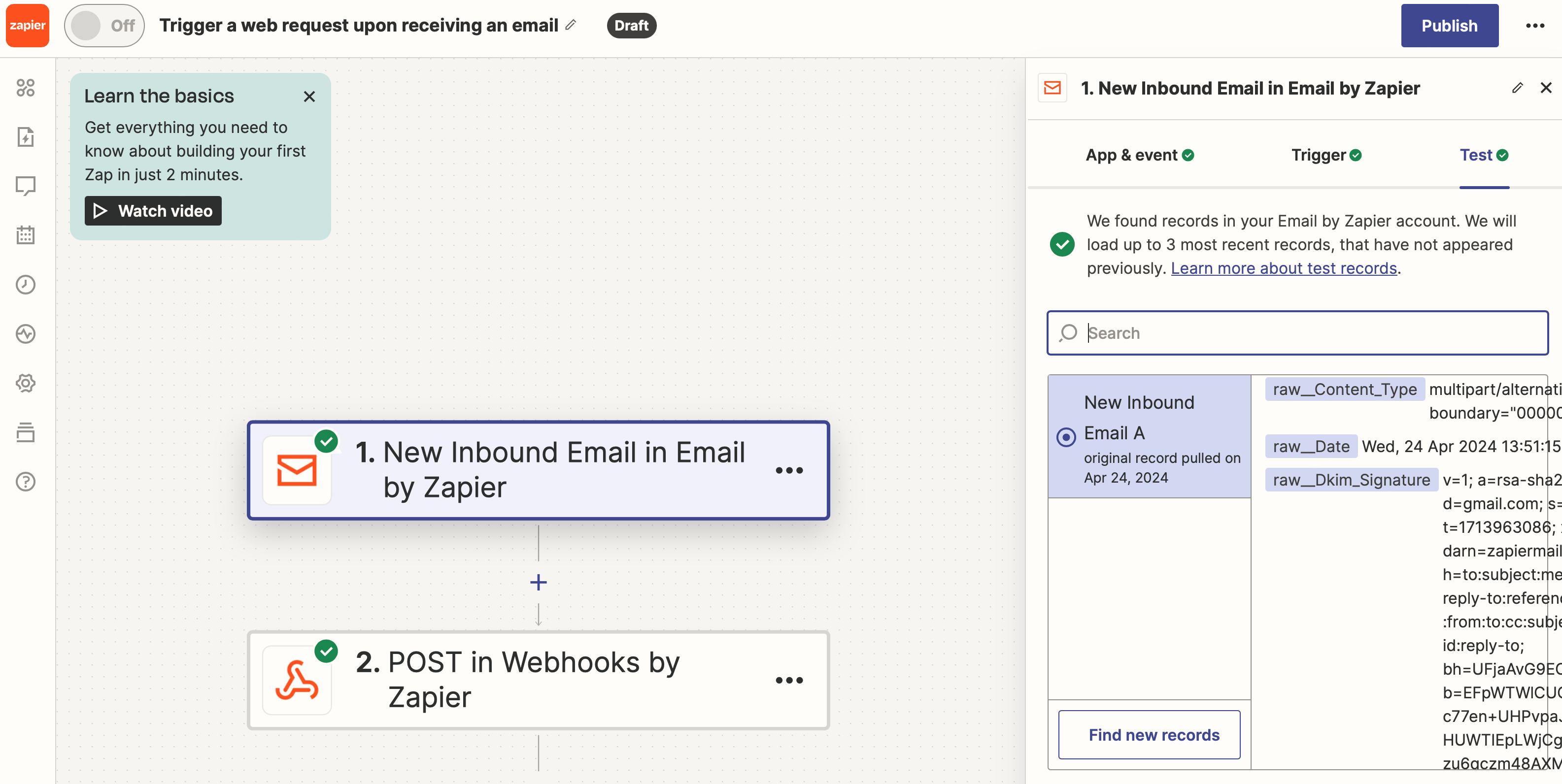 Screenshot of a Zapier automation showing 2 steps. 1: New Inbound Email, 2: POST in Webhooks