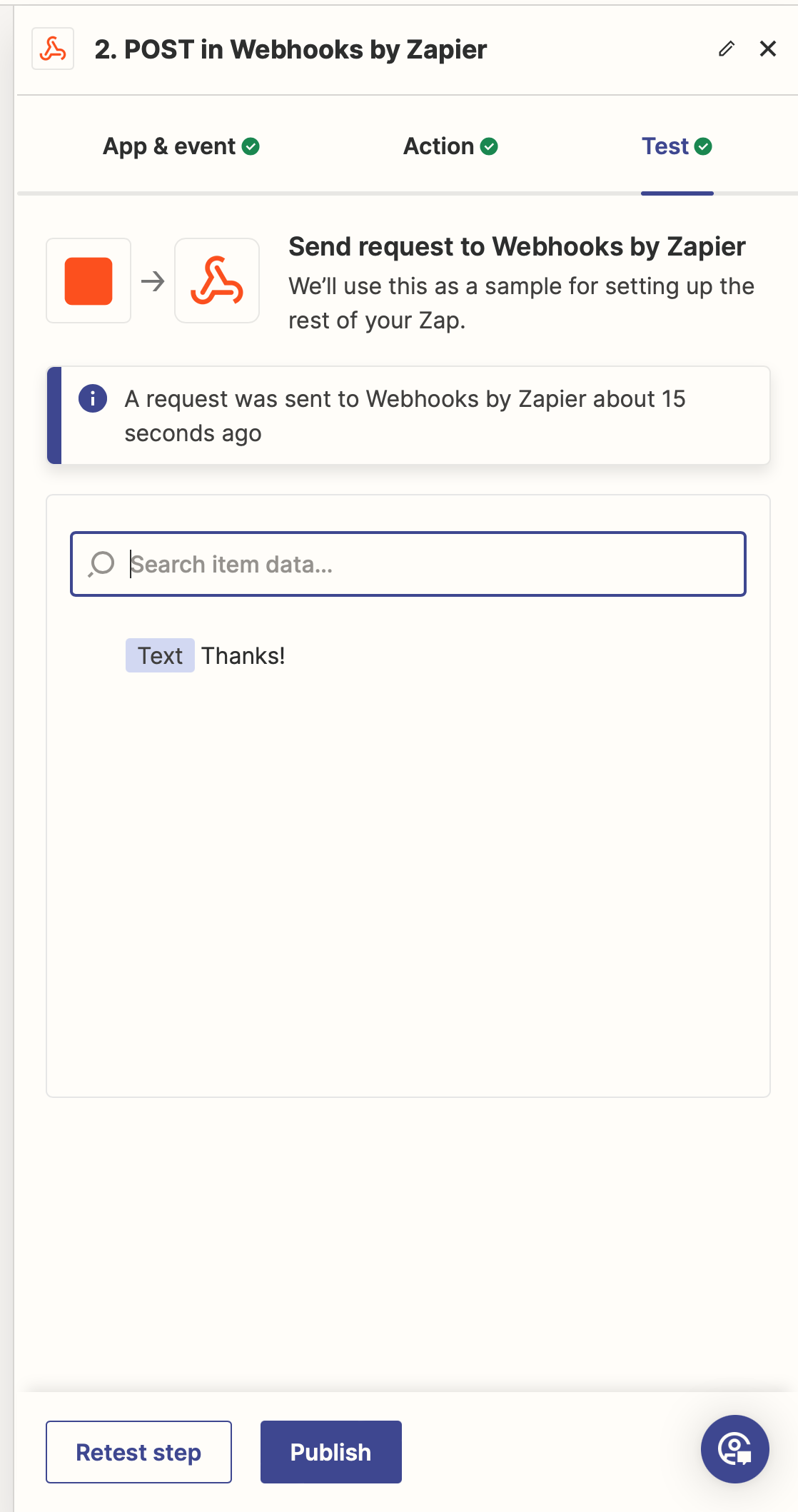 Screenshot of a Zapier automation showing a successful request to our web service