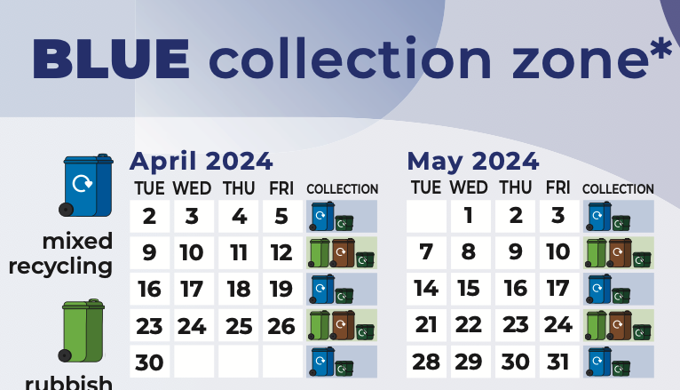 Cropped screenshot of a PDF that lists all the bin collection days in my area for the year. There's a lot of info packed in
